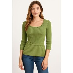 Requirements Green‎ Ribbed Sweater Women M Y2K Waist Belt Stud 3/4 Sleeve Gift